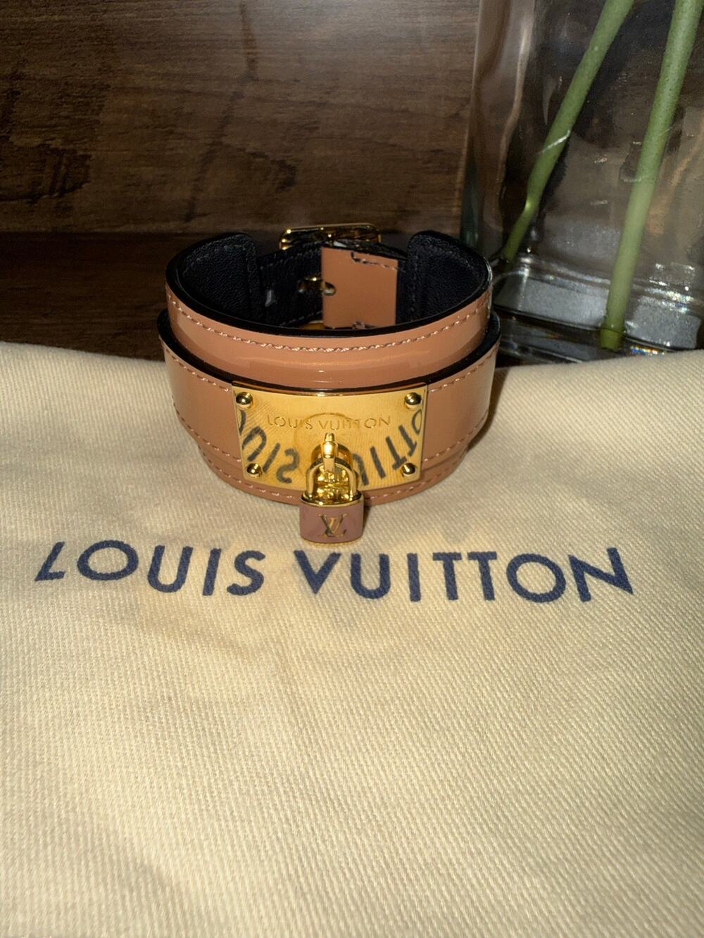 Louis Vuitton Rose Velours Vernis Leather Cuff Bracelet Gold Hardware Size 17⁠